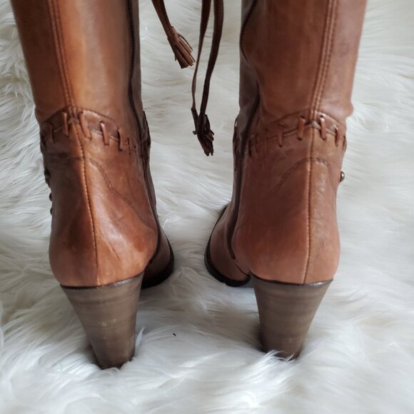 Andre' Cognac Leather Riding Studded Side Zipper Knee High Boot SZ 8 - Picture 13 of 16